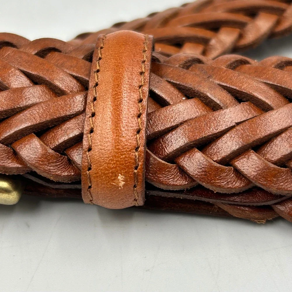 Toneka Braided Belt Brown Mens Size 40 Full Grain Leather Solid Brass Buckle EUC